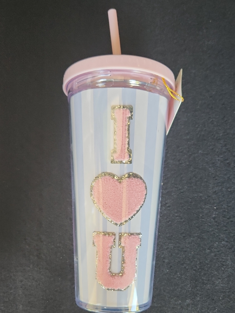 'I Love U' Striped Travel Tumbler with Straw Double Wall NWT